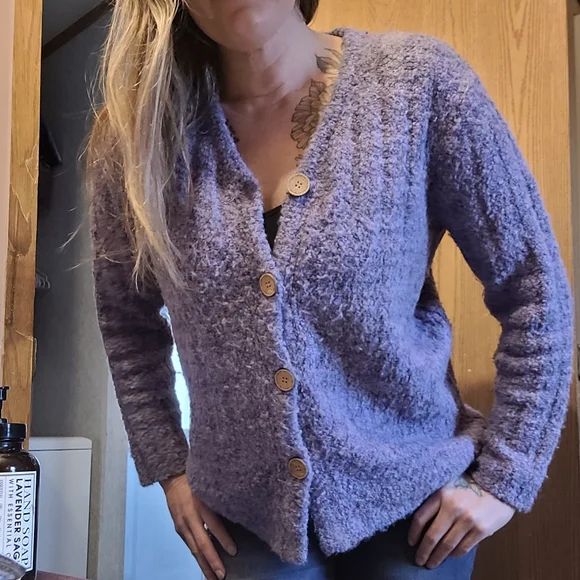 Alps Fuzzy Knit Cardigan Sweater Large Periwinkle Purple Cozy Chunky Wool Blend - Picture 8 of 10